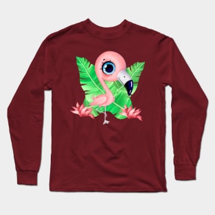 Cute flamingo stands on one leg with tropical leaves Long Sleeve T-Shirt